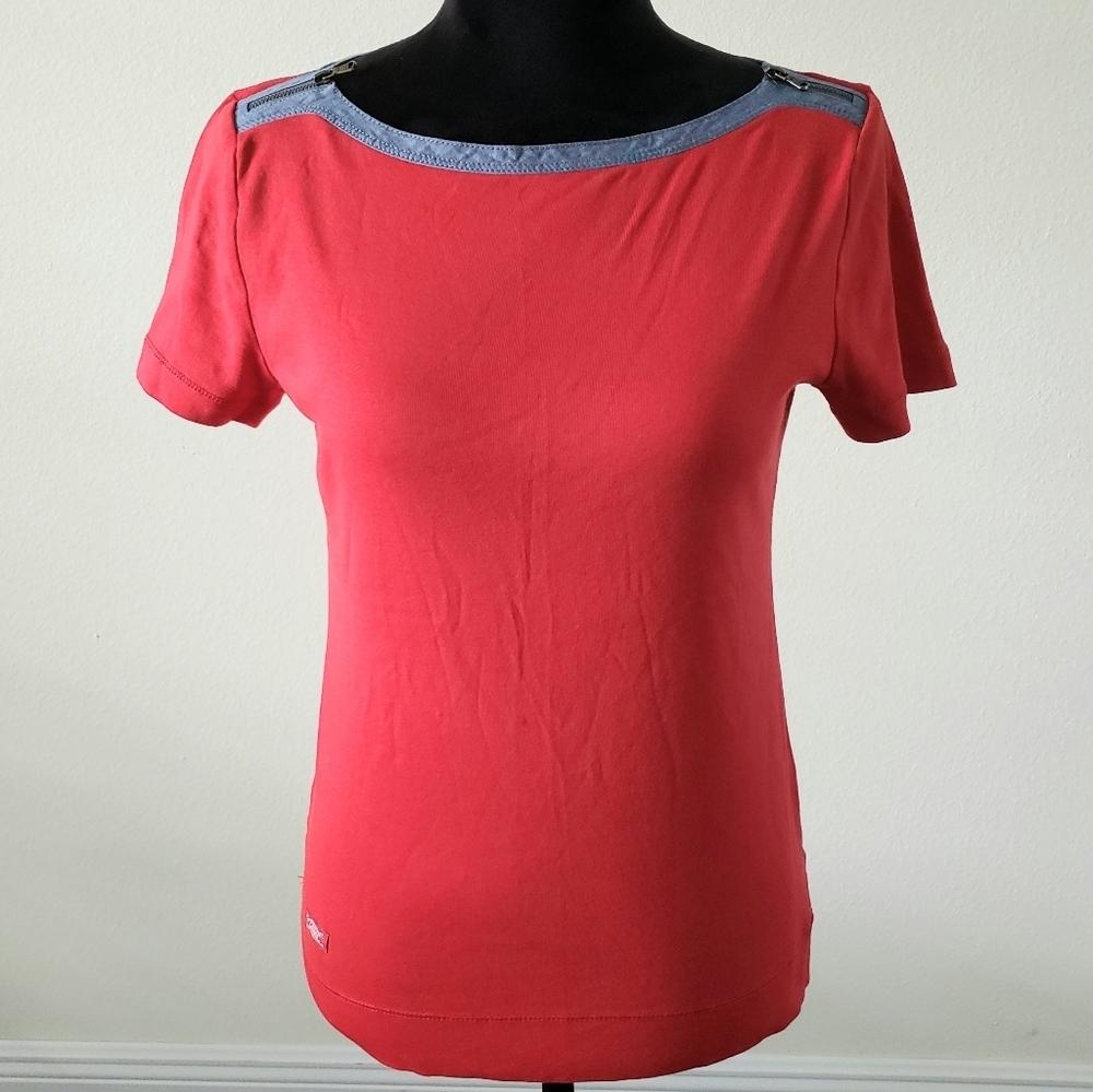 Lauren Ralph Lauren Red Short Sleeve Tee with Chambray Trim